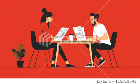 Illustration of a couple reviewing house plans at a table with a red background. Concept of real estate, property market, and home buying. 115019343