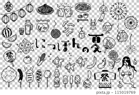 シンプルでかわいい「日本の夏」イラストセット（モノクロ） 115019769