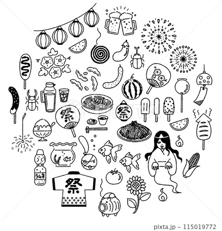 シンプルでかわいい「日本の夏」イラストセット（モノクロ） 115019772