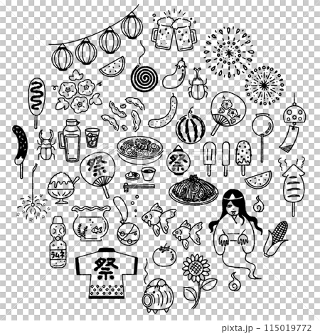 シンプルでかわいい「日本の夏」イラストセット（モノクロ） 115019772