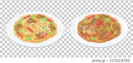 ソース焼きそば・塩焼きそばのセットイラスト 115019780