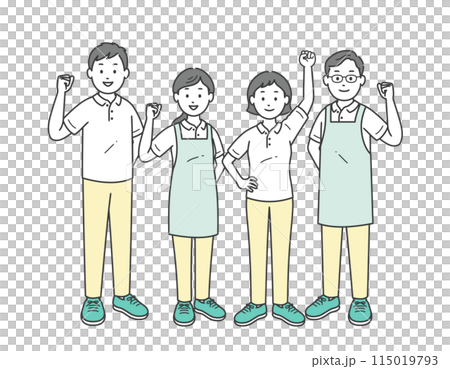 Four male and female caregivers doing a fist pump 115019793