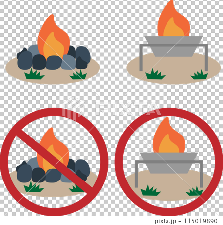 直火と焚火台を使ったイメージのアイコン素材セット 115019890
