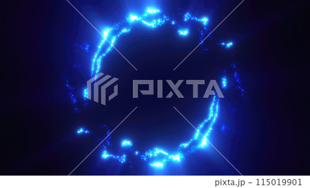 Blue swirling circle frame of multicolored lines of  energy particles. Abstract background 115019901