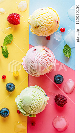 Scoops of ice cream on a colorful background 115020156