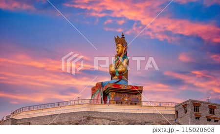 The Maitreya Buddha statue with Himalaya mountains, Diskit Monastery or Diskit Gompa, Diskit Monastery also known as Deskit Gompa or Diskit Gompa Nubra valley, Leh Ladakh, India. 115020608