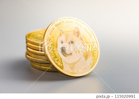 Golden dogecoin coin. Cryptocurrency dogecoin. Doge cryptocurrency on gray background. Golden dogecoin coin. Cryptocurrency dogecoin. Doge cryptocurrency on gray background. 115020991