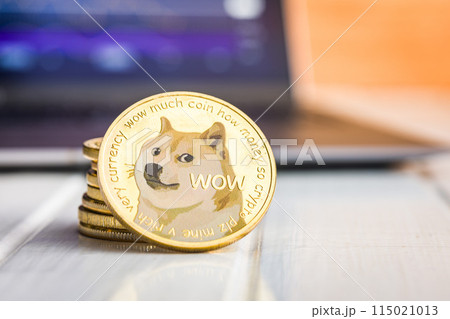 Golden dogecoin coin. Cryptocurrency dogecoin. Doge cryptocurrency on white table. 115021013