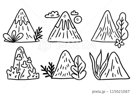 A set of six mountains with trees and flowers in the foreground 115021087