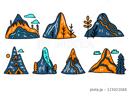 A set of six mountains with trees and flowers in the foreground 115021088