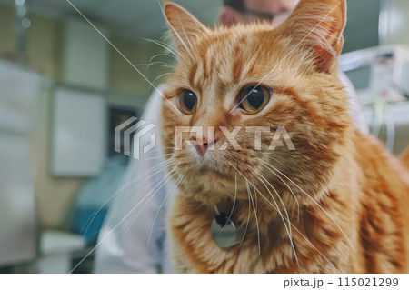 veterinarian examining big cute ginger cat at pet clinic 115021299