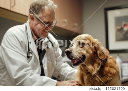 smiling man veterinarian examining big dog at veterinary clinic 115021300