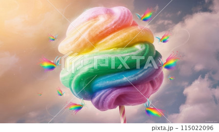 A vibrant, whimsical image featuring a colorful, rainbow-swirled cotton candy on a stick with dreamy fluffy clouds 115022096