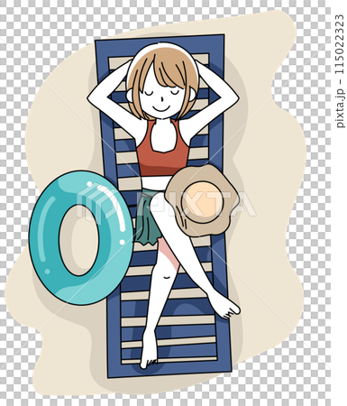 浜辺でビーチチェアに寝転ぶ女の子 浜辺でビーチチェアに寝転ぶ女の子 115022323