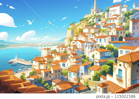 地中海の丘の上の街並み 115022386