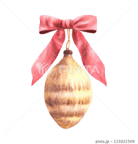 Retro Christmas tree glass gold toy in the form of a pine cone with a red bow. Watercolor vintage xmas decoration or New year old decor. Clipart. Hand drawn illustration isolated on white background. 115022509