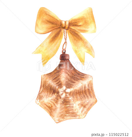 Christmas tree vintage glass gold toy with a yellow ribbon. Watercolor old xmas decoration or New year antique fir decor. Winter festive clipart. Hand drawn illustration isolated on white background. Christmas tree vintage glass gold toy with a yellow ribbon. Watercolor old xmas decoration or New year antique fir decor. Winter festive clipart. Hand drawn illustration isolated on white background. 115022512