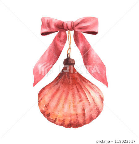Christmas tree old glass toy in the form of sea shell with a red bow. Watercolor antique shiny xmas fir decor or New year vintage ball. Clipart. Hand drawn illustration isolated on white background. Christmas tree old glass toy in the form of sea shell with a red bow. Watercolor antique shiny xmas fir decor or New year vintage ball. Clipart. Hand drawn illustration isolated on white background. 115022517