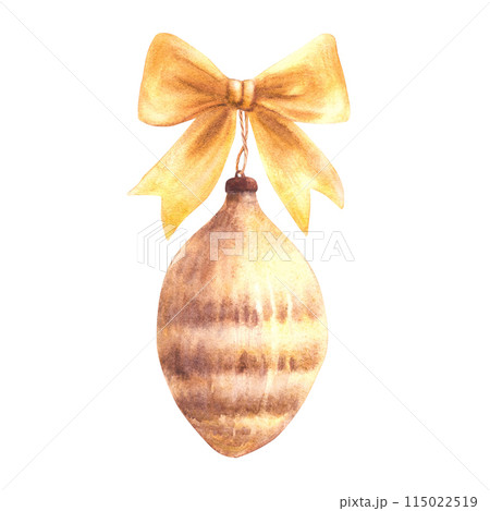 Vintage Christmas tree glass toy in the form of a pine cone with a golden bow. Watercolor retro xmas decoration or New year antique decor. Clipart. Hand drawn illustration isolated white background. 115022519