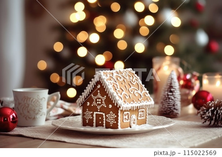 Gingerbread house on table. Defocused lights of Christmas garland. Evening in the living room. Holiday mood.  115022569
