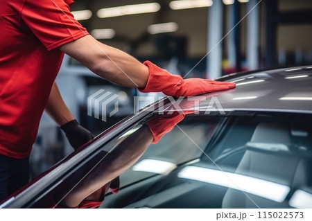 A man is cleaning the vehicles windshield in the garage 115022573