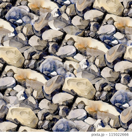 Rocky surface seamless pattern. Watercolor illustration. Hand painted various stones, rocks, pebbles background natural surface seamless pattern 115022666
