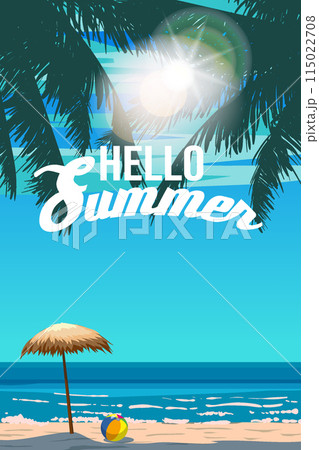 Hello Summer Retro Poster. Tropical resort coast beach, beach straw umbrella, palm, surf, ocean. Summer vacation holiday 115022708
