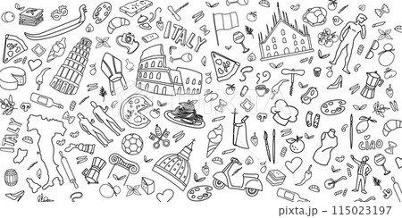 Italy Travel Doodle Line Art Illustration. Hand Drawn Vector Clip Art. background Banner Set Logos Italy Travel Doodle Line Art Illustration. Hand Drawn Vector Clip Art. background Banner Set Logos 115023197