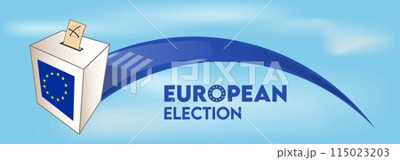 European elections with European flag, ballot box on sky background. European elections with European flag, ballot box on sky background. 115023203