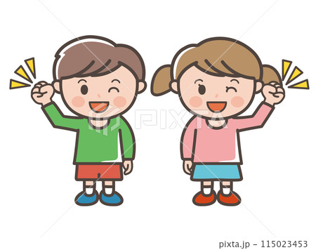ガッツポーズでウインクをする男の子と女の子の全身イラスト（小学生、幼児、子供） 115023453