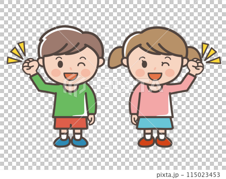 ガッツポーズでウインクをする男の子と女の子の全身イラスト（小学生、幼児、子供） 115023453