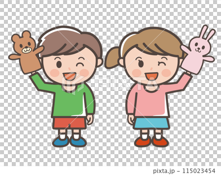 クマとウサギのパペットで遊ぶ男の子と女の子の全身イラスト（小学生、幼児、子供） 115023454
