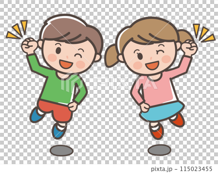 Full-body illustration of a boy and girl jumping energetically and raising their fist (elementary school students, toddlers, children) 115023455