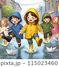 雨の中遊ぶ子供たち 115023460