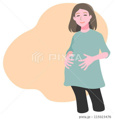 お腹に手を当てている笑顔の臨月の妊婦 お腹に手を当てている笑顔の臨月の妊婦 115023476