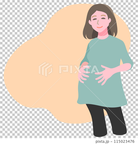 お腹に手を当てている笑顔の臨月の妊婦 お腹に手を当てている笑顔の臨月の妊婦 115023476