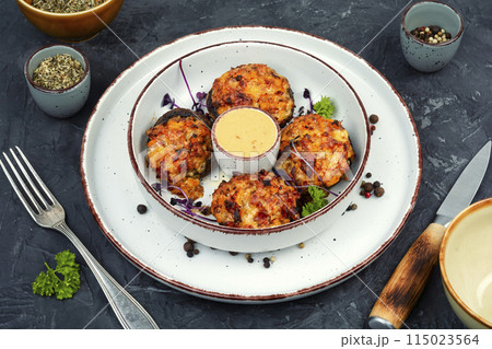 Filled champignon mushroom caps. 115023564