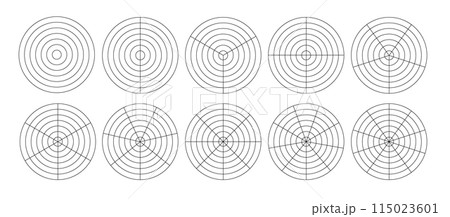 Polar grid concentric circles and steps. Blank vector polar graph paper. Radar circular graph screen. Grid with concentric circles diagram. Vector 115023601