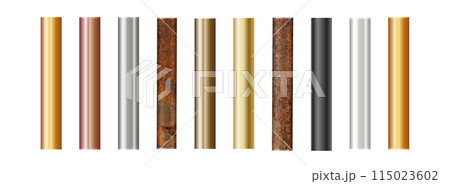 Pipe set isolated on background. Chrome, rusty, steel, golden, copper and iron pipes profile. Cylinder metal tubes. Vector 115023602