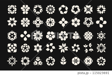 Collection of geometric flowers and shapes, modern minimalist style elements. Black and white Collection of geometric flowers and shapes, modern minimalist style elements. Black and white 115023691