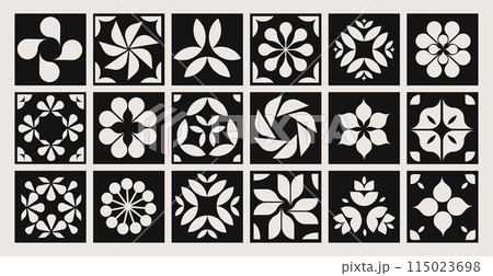 Collection of geometric patterns, tiles with flowers and shapes, modern minimalist style elements Collection of geometric patterns, tiles with flowers and shapes, modern minimalist style elements 115023698