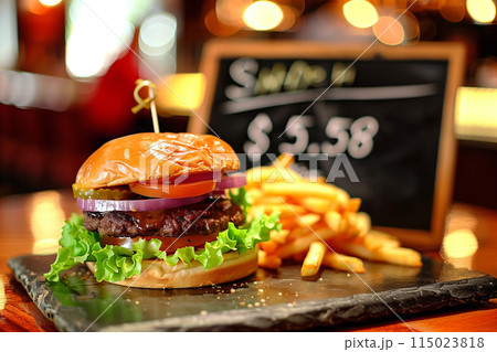 大きなハンバーガーと黒板に手書きの価格「AI生成画像」 115023818
