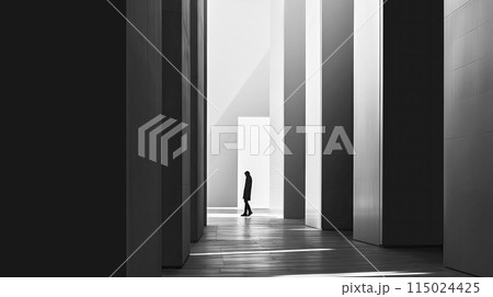 Solitary figure in minimalist architectural setting 115024425