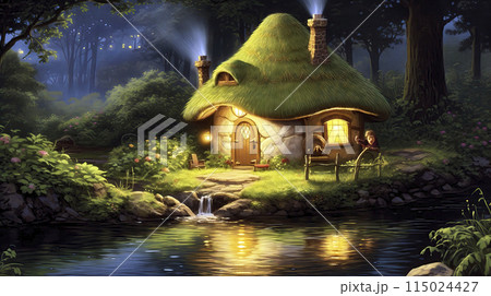 Enchanted forest cottage by twilight 115024427