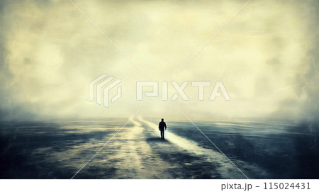 Solitary figure on misty path 115024431