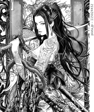 Black and white illustration of a tattooed female warrior with detailed adornments 115024432