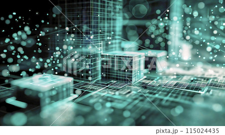 Futuristic cityscape with digital particles overlay 115024435