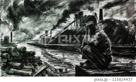 Contemplative figure by industrial riverfront 115024437