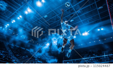 Volleyball match in a professional sports indoor court. A player in mid air about to strike the ball Volleyball match in a professional sports indoor court. A player in mid air about to strike the ball 115024487