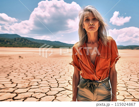 Woman contemplating on cracked desert landscape 115024867